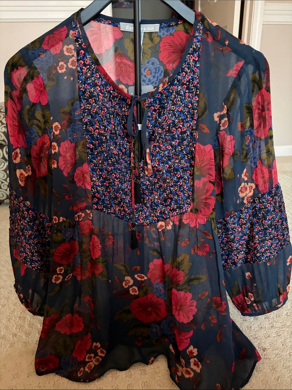Daniel Rainn Navy Floral Tie-Neck Sheer Blouse